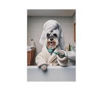QIENAZIO Portrait of A Schnauzer in A Bathrobe Brushing His Teeth. Funny Dog bathroom, Cute Canvas Wall Art Posters And Prints Room Aesthetic Bedroom Office Decor 12x18inch(30x45cm)