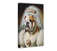 QIENAZIO Portrait of English Bulldog in Wedding Dress, Animal Dog Wedding, Bride Canvas Modern Poster Wall Art Decor Prints Paintings Living Room Bedroom Decor 24x36inch(60x90cm)