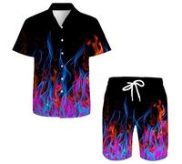 QiErDesign Hawaiian Shirts Men Casual Button Down Short Sleeve Shirts Set Printed Shorts Beach Hawaiian Suits, Blue-Red Flame, 3XL