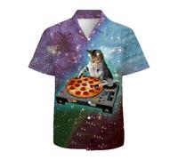 QiErDesign Mens Funny Hawaiian Shirts 3D Graphic Button Down Short Sleeve Tropical Holiday Beach Aloha Shirt, Pizza Cat, XXL