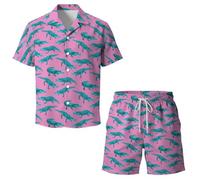 QiErDesign Men's Hawaiian Shirts Casual Button Down Short Sleeve Shirts Set Printed Shorts Beach Hawaii Suits, Pink Crocodile, Large