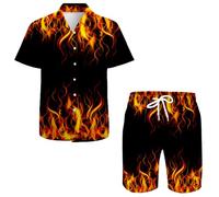 QiErDesign Men's Hawaiian Shirts Casual Button Down Short Sleeve Shirts Set Printed Shorts Beach Hawaii Suits, Cool Flame, XX-L