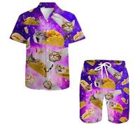 QiErDesign Men's Hawaiian Shirts Casual Button Down Short Sleeve Shirts Set Printed Shorts Beach Hawaii Suits, Taco Cat, Large
