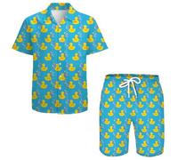 QiErDesign Men's Hawaiian Shirts Casual Button Down Short Sleeve Shirts Set Printed Shorts Beach Hawaii Suits, Yellow Ducks, Small