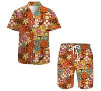 QiErDesign Men's Hawaiian Shirts Casual Button Down Short Sleeve Shirts Set Printed Shorts Beach Hawaii Suits, Hippie Floral, XXL