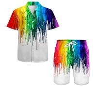 QiErDesign Men's Hawaiian Shirts Casual Button Down Short Sleeve Shirts Set Printed Shorts Beach Hawaii Suits, Rainbow Paint, XXL