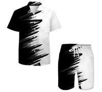 QiErDesign Men's Hawaiian Shirts Casual Button Down Short Sleeve Shirts Set Printed Shorts Beach Hawaii Suits, White Black, Large