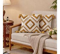 QIFONIX Decorative Throw Pillow Cover, Tufted Geometric Pattern, Tassel Corners, White with Multi-Colour Accents (Yellow,18" x 18" (Pack of 2))