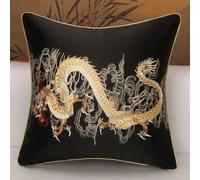 QIFONIX Luxury Embroidered Dragon Decorative Throw Pillow Cover, Asian Oriental Design, Traditional Chinese Style Cushion Case with Gold Piping (Black,18" x 18" (Pack of 2))