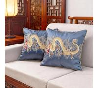 QIFONIX Luxury Embroidered Dragon Decorative Throw Pillow Cover, Asian Oriental Design, Traditional Chinese Style Cushion Case with Gold Piping (Dark Blue,18" x 18" (Pack of 2))