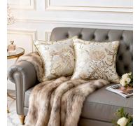 QIFONIX Victorian Elegance Luxury Decorative Throw Pillow Covers, Floral Embroidered Satin with Gold Fringe Trim, Cream and Gold, Holiday Home Decor (Light Champagne,18" x 18" (Pack of 2))