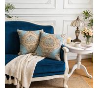 QIFONIX Vintage Damask Decorative Throw Pillow Cover, Victorian Medallion Pattern, Cream and Grey Floral Design, Traditional Home Decor (Blue,18" x 18" (Pack of 2))