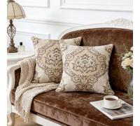 QIFONIX Vintage Damask Decorative Throw Pillow Cover, Victorian Medallion Pattern, Cream and Grey Floral Design, Traditional Home Decor (Beige,18" x 18" (Pack of 2))