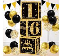QIFU 16th Birthday Decorations for Boys - 3pcs 16th Birthday Boxes Black and Gold, 16 Birthdays Party Decoration Black Gold Table Centrepiece Gifts Boxes for Boys Kids(16 Year Old)