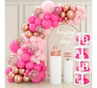 QIFU Baby Shower Decorations Girl - 4Pcs Transparent Baby Balloon Boxes with "B"+26 Letters and Pink Gold Balloons Arch, Baby Boxes for Baby Shower Girls Welcome Baby Girl Decorations Gender Reveal