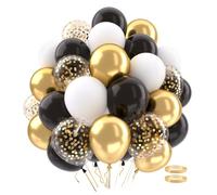 QIFU Black and Gold Balloons 62pcs, Metallic Gold White and Black Confetti Balloons Personalised Balloon with Ribbons for Men Boy Birthday Party Decorations New Year Graduation Anniversary Prom EID