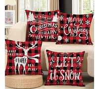 QIFU Christmas Cushion Covers Set of 4 - Red Black Tartan Xmas Cushion Cover 18x18, Linen Cushion Covers Square Pillowcase for Sofa Car Home Christmas Decor Xmas Decorations