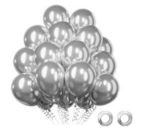 QIFU Metallic Silver Balloons 50 Pack, 12 inch Chrome Silver Latex Balloon Helium Balloons with Silvery Ribbons for Party Decoration Congratulations Graduation Silver Wedding Anniversary New Year