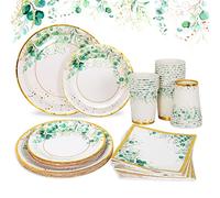 QIFU Sage Green Paper Plates Cups and Napkins Set - Serve 24, Disposable, Green Tableware for Boho Wedding, Jungle Theme Birthday, Baby Shower Party Decoration