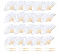 QIGEN LTD 20 Pcs Hand Held Folding Fan - White Chinese Wooden Fabric Paper Folding Handheld Fan for Women, Bamboo and Wooden Hand Held Folding Fan for Wedding Party Dancing Home Decoration