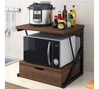 QIHANG-UK 2-Tier Microwave Oven Shelf Stand, Standing Baker's Rack, Over Microwave Shelf Unit with 1 Drawer, Kitchen Countertop Organizer, Kitchen Storage Shelf with Wood Top Metal Frame (Dark Oak)