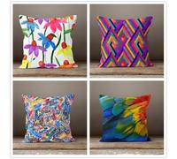 QiHon Blue Feathers Cushion Covers 45x45 cm Set of 4 Geometric Modern Double Sided Printed Square Linen Cushion Covers 18x18 inch Outdoor Throw Pillow Case for Sofa Bedroom Home Office Car Decor
