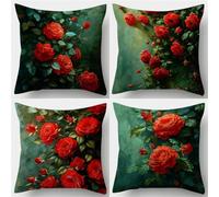 QiHon Cushion Covers 14x14 inch Set of 4, Double-Sided Red Roses Print Pillow Case with Invisible Zipper, Linen Square Pillow Cases for Sofa, Bedroom, Patio