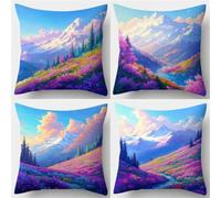 QiHon Cushion Covers 14x14 inch Set of 4, Double-Sided River Flowers Landscape Print Pillow Case with Invisible Zipper, Linen Square Pillow Cases for Sofa, Bedroom, Patio