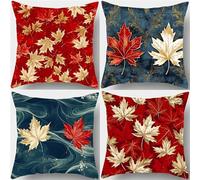 QiHon Cushion Covers 18x18 inch Set of 4, Double-Sided Red Maple Leaves Print Pillow Case with Invisible Zipper, Linen Square Pillow Cases for Sofa, Bedroom, Patio