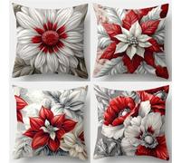 QiHon Cushion Covers 18x18 inch Set of 4, Double-Sided Red White Flowers Print Pillow Case with Invisible Zipper, Linen Square Pillow Cases for Sofa, Bedroom, Patio