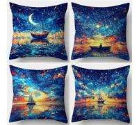 QiHon Cushion Covers 22x22 inch Set of 4, Double-Sided Starry Sky Boat Print Pillow Case with Invisible Zipper, Linen Square Pillow Cases for Sofa, Bedroom, Patio