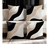 QiHon Cushion Covers 55x55 cm Set of 4 Black Light Brown Linen Square Pillow Cases 22x22 inch Modern Decorative Throw Pillow Covers for Sofa Couch Bedroom Home Office with Invisible Zipper