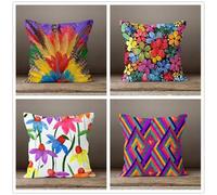 QiHon Geometric Cushion Covers 55x55 cm Set of 4 Feathers Modern Double Sided Printed Square Linen Cushion Covers 22x22 inch Outdoor Throw Pillow Case for Sofa Bedroom Home Office Car Decor