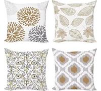 QiHon Geometric Cushion Covers 60x60 cm Set of 4 Leaves Modern Double Sided Printed Square Linen Cushion Covers 24x24 inch Outdoor Throw Pillow Case for Sofa Bedroom Home Office Car Decor