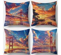 QiHon Landscape Bridge Linen Cushion Covers 28x28 inch, 4 Pack Decorative Throw Pillow Cases, Soft Breathable Square Pillow Cover with Invisible Zipper for Living Room Bedroom
