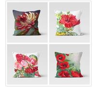 QiHon Red Flowers Cushion Covers 60x60 cm Set of 4 Green White Modern Double Sided Printed Square Linen Cushion Covers 24x24 inch Outdoor Throw Pillow Case for Sofa Bedroom Home Office Car Decor