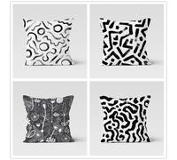 QiHon Simple Flowers Cushion Covers 50x50 cm Set of 4 Black White Modern Double Sided Printed Square Linen Cushion Covers 20x20 inch Outdoor Throw Pillow Case for Sofa Bedroom Home Office Car Decor