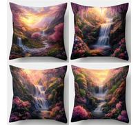 QiHon Sunrise Waterfall Landscape Linen Cushion Covers 20x20 inch, 4 Pack Decorative Throw Pillow Cases, Soft Breathable Square Pillow Cover with Invisible Zipper for Living Room Bedroom