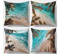 QiHon Tropical Plants Waves Linen Cushion Covers 20x20 inch, 4 Pack Decorative Throw Pillow Cases, Soft Breathable Square Pillow Cover with Invisible Zipper for Living Room Bedroom