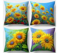 QiHon Yellow Daisy Flowers Linen Cushion Covers 12x12 inch, 4 Pack Decorative Throw Pillow Cases, Soft Breathable Square Pillow Cover with Invisible Zipper for Living Room Bedroom