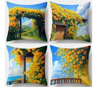 QiHon Yellow Flowers Landscape Linen Cushion Covers 16x16 inch, 4 Pack Decorative Throw Pillow Cases, Soft Breathable Square Pillow Cover with Invisible Zipper for Living Room Bedroom