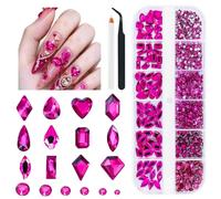 qiipii 2052Pcs Hot Pink Nail Art Rhinestones Flatback Round Gems Crystals | K9 Glass Fuchsia Multi Shapes Beads Stones Diamonds Jewels Nail Art Charms for Nails Faces Eyes Makeup Tumblers DIY Crafting