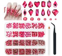 qiipii 4080Pcs Rose Pink Nail Art Rhinestones Flatback Round Gems Crystals | K9 Glass Rose Red Multi Shapes Beads Stones Diamonds Jewels Nail Art Charms for Nails Faces Eyes Makeup Tumblers DIY Crafting