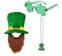 QiiWuic 3pcs Leprechaun Hat Set, St Patricks Day Accessories For Irish Theme Parties, Shamrock Top Hat With Beard, Complete Costume Set With Shamrock Glasses And Necklace For Festival Celebrations