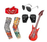 QiiWuic 5 Pcs Rockstar Fancy Dress Complete Set, Inflatable Guitar. Premium Music Themed Costume Accessories, Ideal for Festive Gatherings and Stage Performances