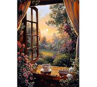 Qijinn 5D Diamond Art Painting Kit,Garden Coffee Diamond Art Kits for Adults,DIY Round Full Drill Diamond Painting Rhinestone Canvas Embroidery Craft for Home Wall Decor Gifts 90x110cm