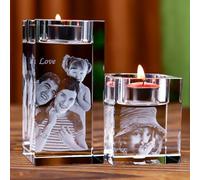 Qijundian Custom Personalized 3D Laser Engraved Photo Picture K9 Crystal Candle Holder Stand Personalized Photo Engraved Crystal Candelabra (5x5x10cm)