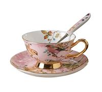 Qikam Euro Style Cup & Saucer Set Bone China Teacups/Coffee Cups China Ceramic Cup for Breakfast Home Kitchen with Saucer and Spoon Small Floral White Pink Blue & Lady Patterns