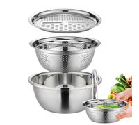 Qikam Germany Multifunctional Stainless Steel Basin | Mixing Bowl Set with Strainers, Graters and Container | Salad Maker Fruit Vegetable Rice Washing Strainer Basket Bowl | Kitchen Tools