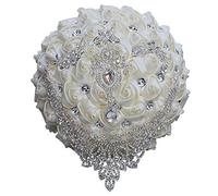 Qike Handmade Luxury Wedding Bridal Bouquet Large Silk Rose Holding Toss Artificial Flowers Bouquets with Satin Ribbon Pearls Rhinestone for Bride Vintage Royal Wedding Bouquet (Ivory)